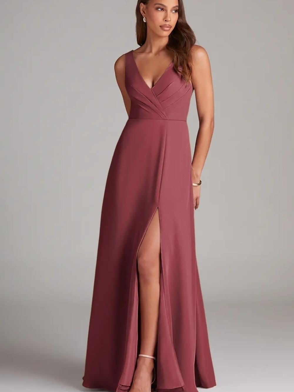 Azazie Sleeveless V-Neck Maxi Gown in Mauve Rose with Front Slit